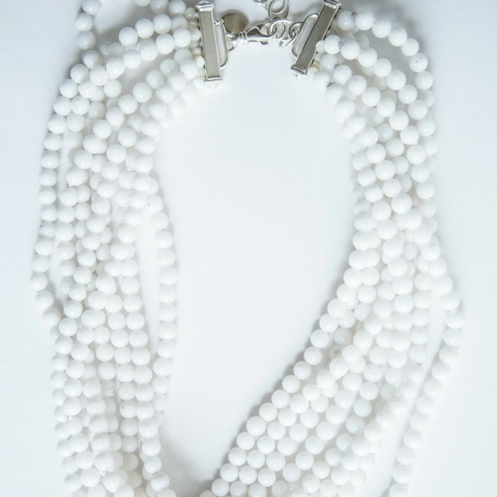 White Jade Beaded Multi Strand Torsade Necklace